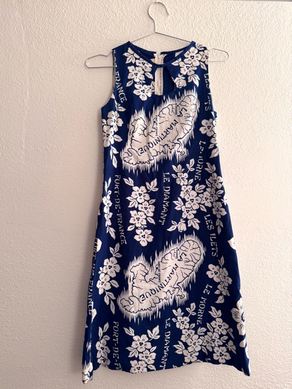 Vintage Martinique France Dress Blue White Tropical Floral Sleeveless Dress XS